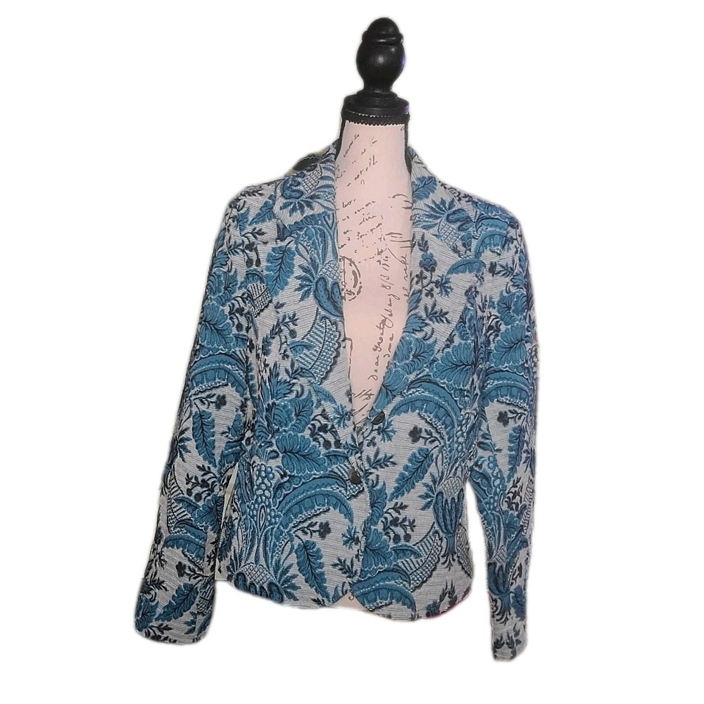 Kenar Blue Floral Textured Blazer‎ Jacket Women's Size 14 Jacquard Pattern